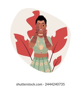La novia india sonriente cubre la cara con las manos estilo plano, Ilustración vectorial aislada sobre fondo blanco. Elemento de diseño decorativo, cultura y tradiciones, hermoso vestido y hojas rojas, boda