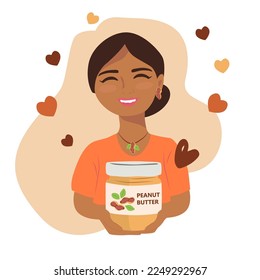 Smiling indian girl with a  peanut buttter bottle jar. Vector Illustration for National Peanut Butter Lovers Day on hearts background.