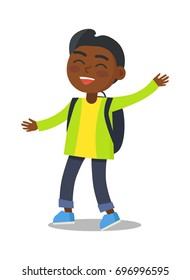 Smiling indian kid in green jacket and jeans with blue rucksack vector illustration isolated on white. Happy child with wide smile cartoon character in flat style