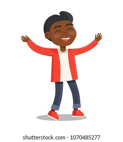 Smiling indian kid in red jacket and jeans vector illustration isolated on white. Happy child with wide smile cartoon character in flat style with hands up