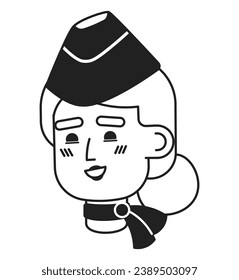 Smiling indian stewardess cap black and white 2D vector avatar illustration. Flight attendant female south asian outline cartoon character face isolated. Friendly flat user profile image, portrait