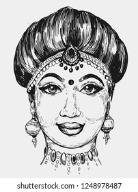 Smiling indian woman. Hand drawn illustration converted to vector