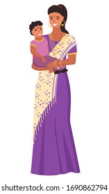 Smiling indian woman wearing jewelry and sari holding little girl. Mother hugging daughter, female in purple national costume, bangles and necklace vector