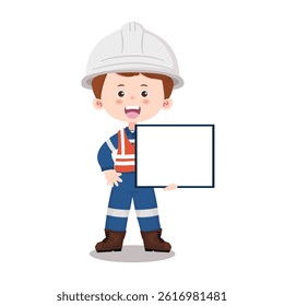  Smiling industrial engineer holding blank board, ready for message or safety announcement in cartoon illustration. Vector isolated on a white background.