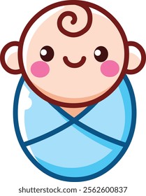 Smiling Infant baby boy wrapped in a blue blanket icon in a kawaii style