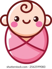 Smiling Infant baby girl wrapped in a pink blanket icon in a kawaii style