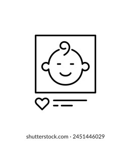 Smiling infant picture in social media post. Baby announcement, family blogging and product ads. Vector icon