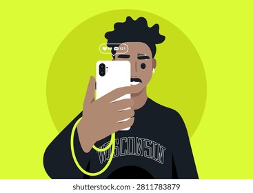 Smiling influencer takes a lively selfie using a mobile phone, showcasing an engaging connection with followers in a bright and cheerful atmosphere.