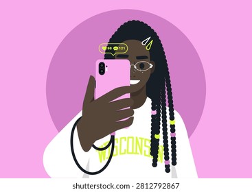 Smiling influencer takes a lively selfie using a mobile phone, showcasing an engaging connection with followers in a bright and cheerful atmosphere.