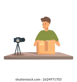 Smiling influencer unboxing package while recording video blog on camera