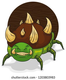 Smiling insect monster with a hard shell with spikes and a little tusks in its mouth, a very friendly insect over a wooden label.