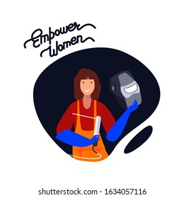 Smiling Installer Professional Woman Welder Operator Worker Handyman with Protective Welding Mask Helmet.Girl Holding Instrument.Female Empowerment concept.Feminine Technician.Flat Vector Illustration