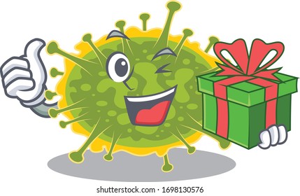 Smiling insthoviricetes cartoon character having a green gift box