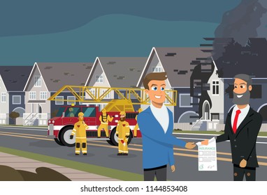 Smiling Insurance Agent Giving Insurance Policy or Contract to Satisfied Client After His House Was Damaged by Fire, Firefighters Team Working Near Fire Truck on Background Cartoon Vector Illustration