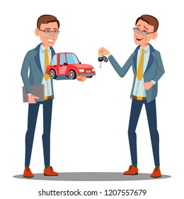 Smiling Insurance Agent Holding A Car In Hand Vector. Isolated Illustration
