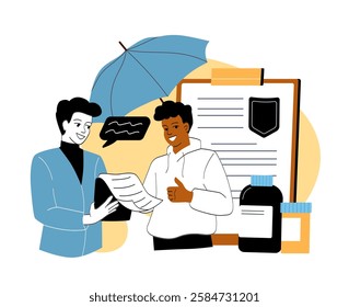 Smiling insurance agent presenting health policy to a satisfied client under an umbrella. Clipboard, medicine bottles in background, symbolizing coverage