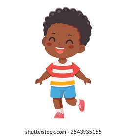 Smiling international kid playing and running on white background. Poster, Banner, Flyer, Greeting Card. Cartoon character in flat design style isolated. Vector illustration