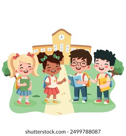 Smiling international kids in front of school with a book and a backpack. Back to school concept. Cartoon character in flat design style isolated. Vector illustration