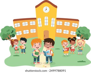 Smiling international kids in front of school with a book and a backpack. Back to school concept. Cartoon character in flat design style isolated. Vector illustration