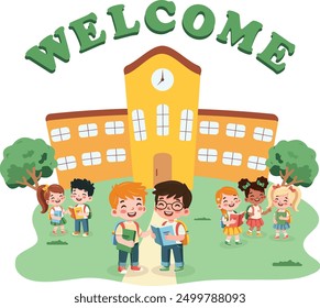 Smiling international kids in front of school with a book and a backpack. Back to school concept. Cartoon character in flat design style isolated. Vector illustration