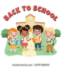 Smiling international kids in front of school with a book and a backpack. Back to school concept. Cartoon character in flat design style isolated. Vector illustration