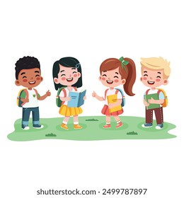 Smiling international kids go to school with a book and a backpack on white background. Cartoon character in flat design style isolated. Vector illustration