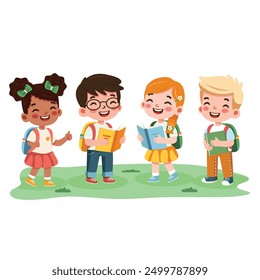 Smiling international kids go to school with a book and a backpack on white background. Cartoon character in flat design style isolated. Vector illustration