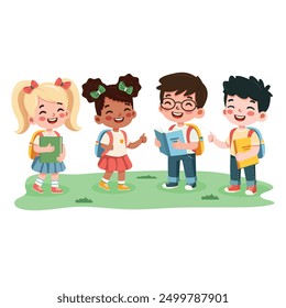 Smiling international kids go to school with a book and a backpack on white background. Cartoon character in flat design style isolated. Vector illustration