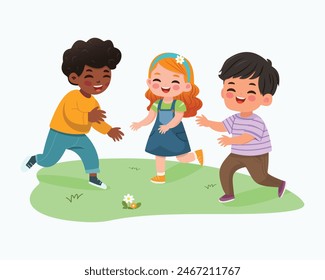 Smiling international kids playing and running. Cartoon character in flat design style isolated. Vector illustration