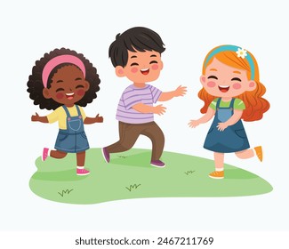 Niños internacionales sonrientes jugando y corriendo. Personaje de dibujos animados en estilo de diseño plano aislado. Ilustración vectorial