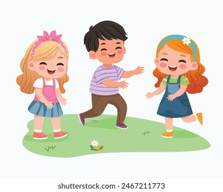 Smiling international kids playing and running. Cartoon character in flat design style isolated. Vector illustration