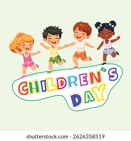 Smiling international kids playing and running. Cartoon character in flat design style. Poster, Banner, Flyer, Summer time. Vector illustration