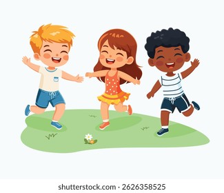 Smiling international kids playing and running. Cartoon character in flat design style isolated on white background. Poster, Banner, Flyer, Summer time. Vector illustration