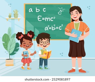 Sorrindo estudante internacional e professor em pé na frente da lousa na sala de aula. De volta ao conceito da escola. Ilustração vetorial em estilo de desenho animado plano
