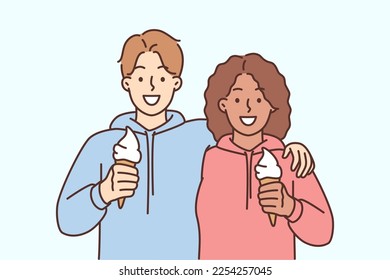 Smiling interracial couple hug eating ice cream together. Happy man and woman embrace enjoy romantic date outdoors. Friendship and relationship. Vector illustration. 