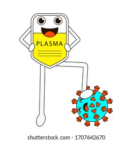 Smiling intravenous bag with plasma pinned down coronavirus by leg and put hands on hips in the victory pose. Plasmatherapy in the fight against coronavirus. Stock vector illustration