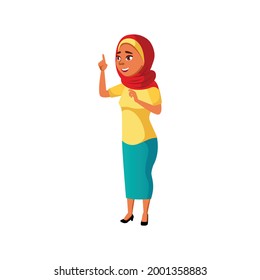 smiling islamic young lady pointing at flying airplane in sky cartoon vector. smiling islamic young lady pointing at flying airplane in sky character. isolated flat cartoon illustration