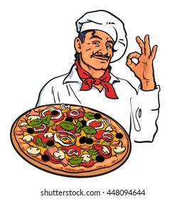 Smiling Italian chef holding pizza in his hand, sketch style vector illustration isolated on white background. Sketch of charming Italian chef serving pizza