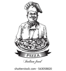 Smiling Italian Chef With A Pizza In Hand.Vector Art Illustration