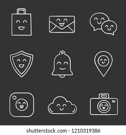 Smiling items chalk icons set. Happy shopping bag, letter, speech bubbles, shield, bell, map pinpoint, camera, cloud, photocamera. Isolated vector chalkboard illustrations