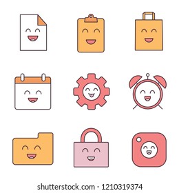 Smiling items color icons set. Happy file, clipboard, shopping bag, calendar, cogwheel, alarm clock, folder, padlock, camera. Isolated vector illustrations
