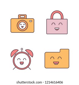 Smiling items color icons set. Characters. Happy camera, padlock, alarm clock, folder. Isolated vector illustrations