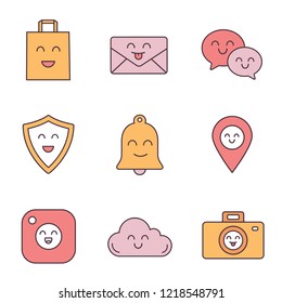 Smiling items color icons set. Happy shopping bag, letter, speech bubbles, shield, bell, map pinpoint, camera, cloud, photocamera. Isolated vector illustrations