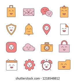 Smiling items color icons set. Characters. Emoji, emoticons. Happy shopping bag, mail, speech bubble, clipboard, shield, bell, map pin, file, cloud, padlock, calendar. Isolated vector illustrations