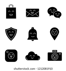 Smiling items glyph icons set. Happy shopping bag, letter, speech bubbles, shield, bell, map pinpoint, camera, cloud, photocamera. Silhouette symbols. Vector isolated illustration