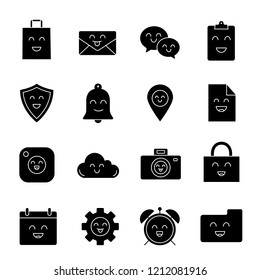 Smiling items glyph icons set. Characters. Emoji, emoticons. Happy shopping bag, mail, speech bubble, clipboard, shield, bell, file, cloud, padlock. Silhouette symbols. Vector isolated illustration