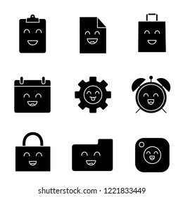 Smiling items glyph icons set. Happy file, clipboard, shopping bag, calendar, cogwheel, alarm clock, folder, padlock, camera. Silhouette symbols. Vector isolated illustration