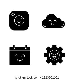 Smiling items glyph icons set. Characters. Happy camera, cloud, calendar, cogwheel. Silhouette symbols. Vector isolated illustration