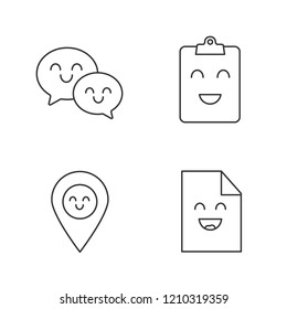 Smiling items linear icons set. Characters. Happy speech bubbles, clipboard, map pinpoint, file. Thin line contour symbols. Isolated vector outline illustrations. Editable stroke