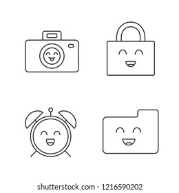 Smiling items linear icons set. Characters. Happy camera, padlock, alarm clock, folder. Thin line contour symbols. Isolated vector outline illustrations. Editable stroke